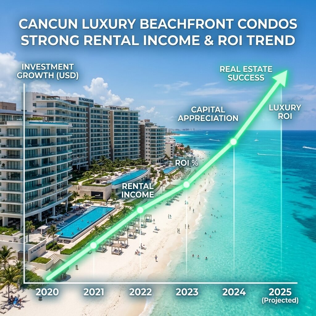 Luxury beachfront condo investment in Cancun Mexico showing strong rental yields and real estate appreciation returns
