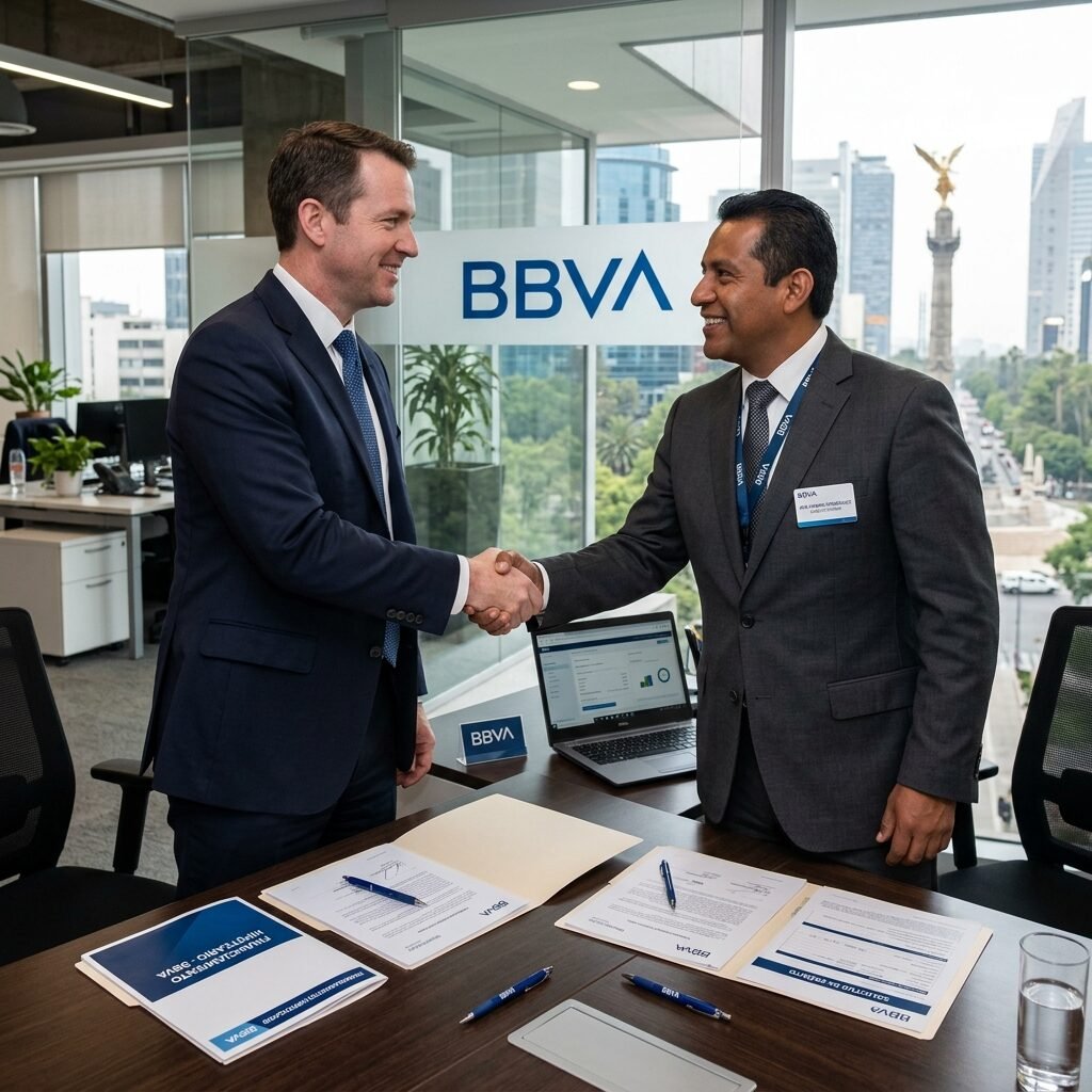 American buyer meeting with Mexican bank loan officer for real estate financing mortgage in Mexico City