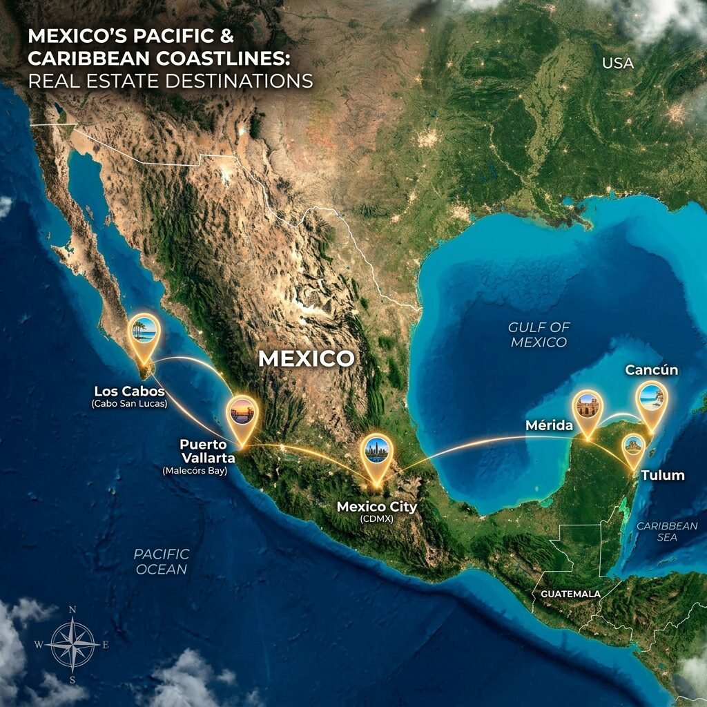 Map of Mexico highlighting the top six real estate markets for foreign buyers - Los Cabos, Cancun, Tulum, Puerto Vallarta, Merida, Mexico City
