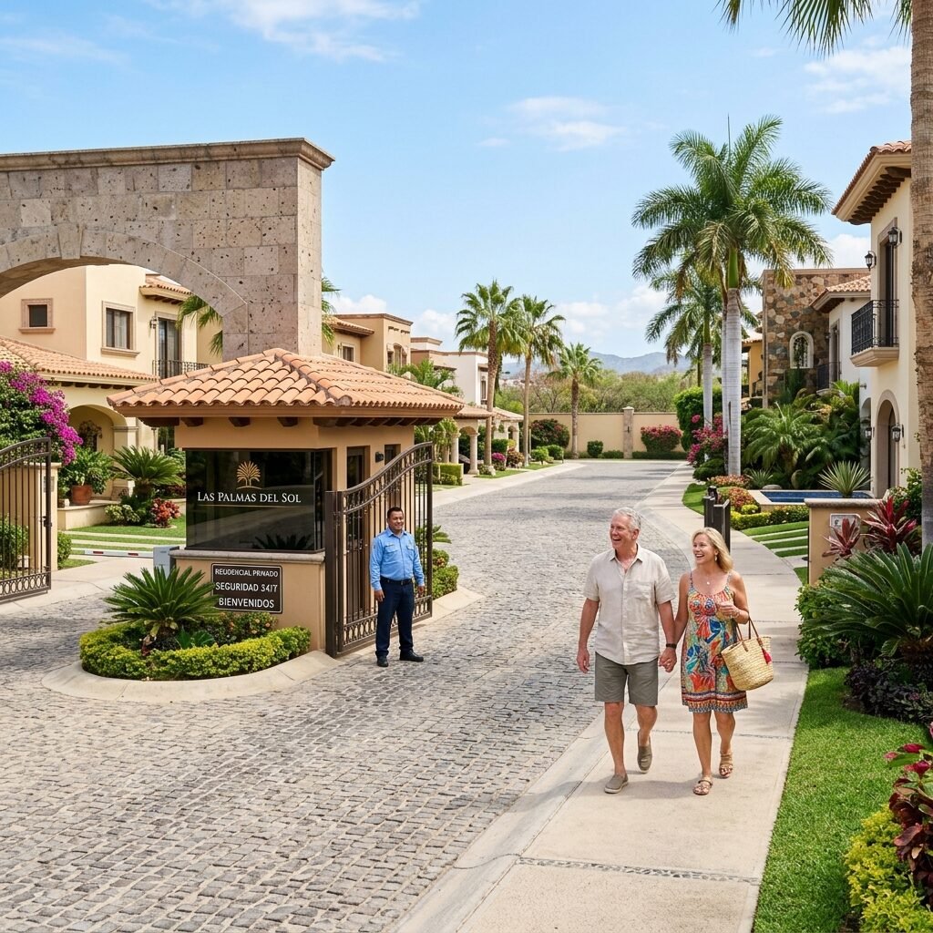 Safe gated residential community in Mexico with luxury homes, palms and security - ideal for expat foreign buyers