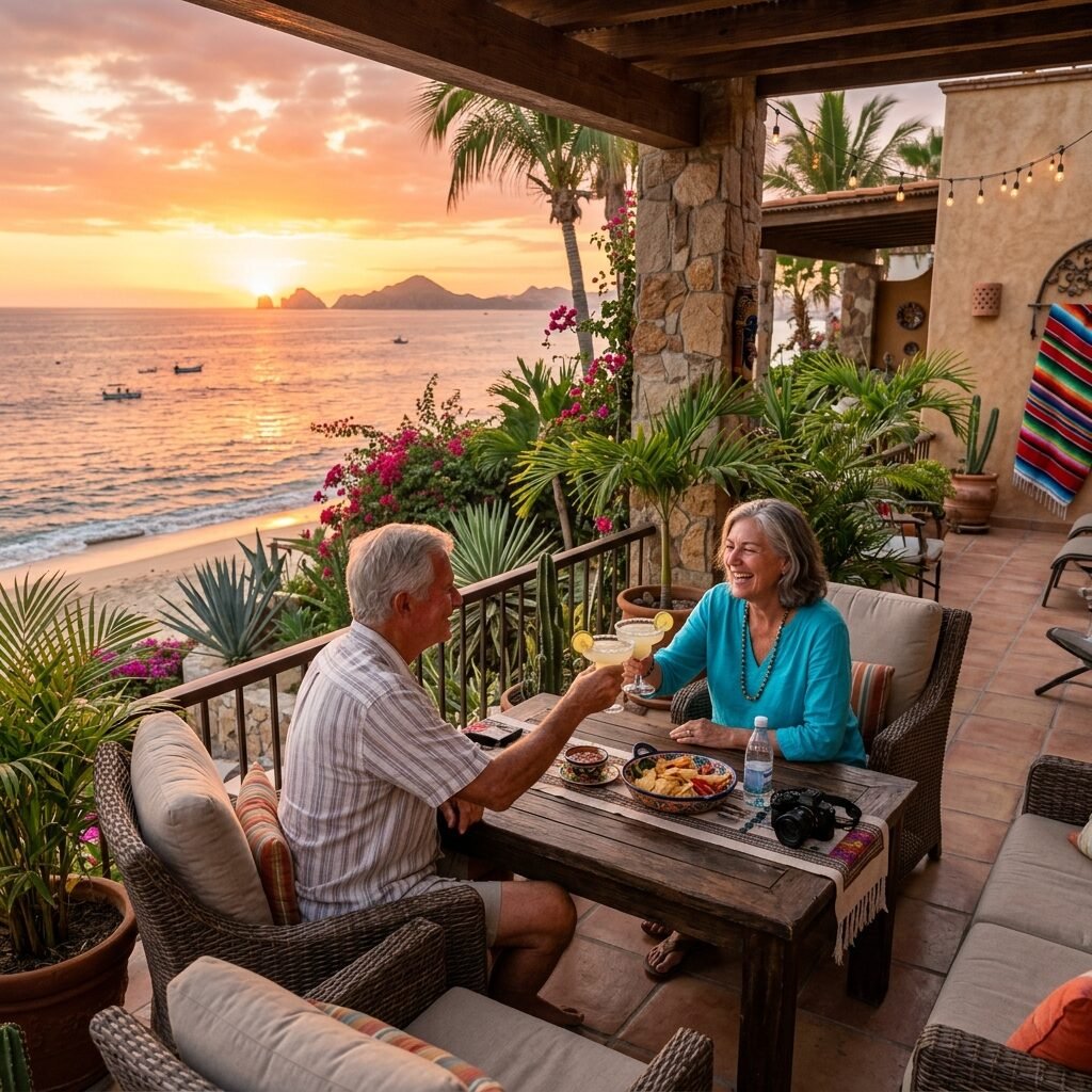 Retired American couple enjoying sunset from beachfront home terrace in Mexico - retirement lifestyle