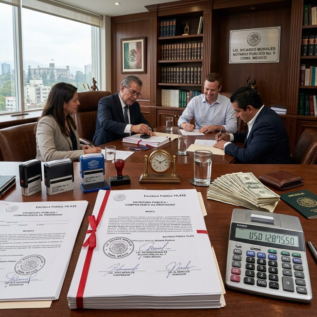 Real estate closing table in Mexico with signed escritura publica deed notario stamp and closing cost documents