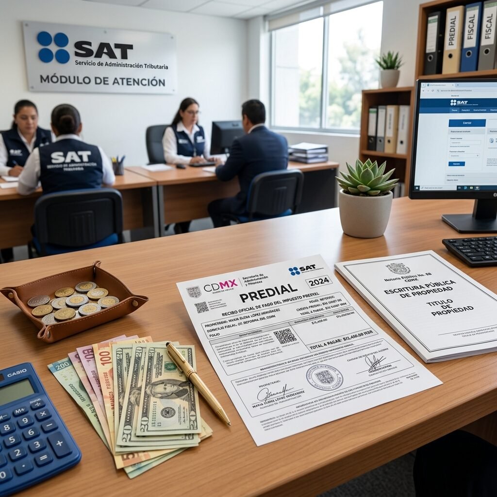 Mexican predial property tax document with SAT tax seal and USD currency for foreign property owners in Mexico