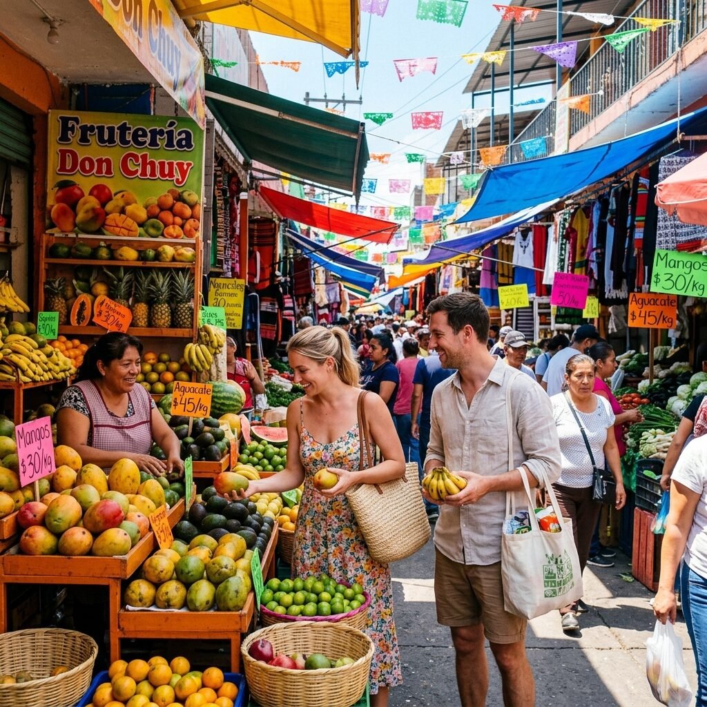 Vibrant outdoor market in Mexico with fresh tropical fruits and vegetables - affordable expat cost of living in Mexico